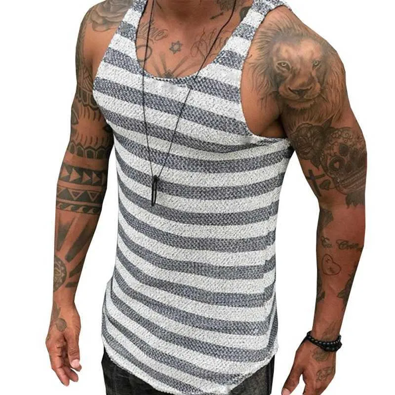 Mens Knit Gym Tank Tops Listrado Camisa Sem Mangada Camisa Respirável Beach Wear Roupas 210527