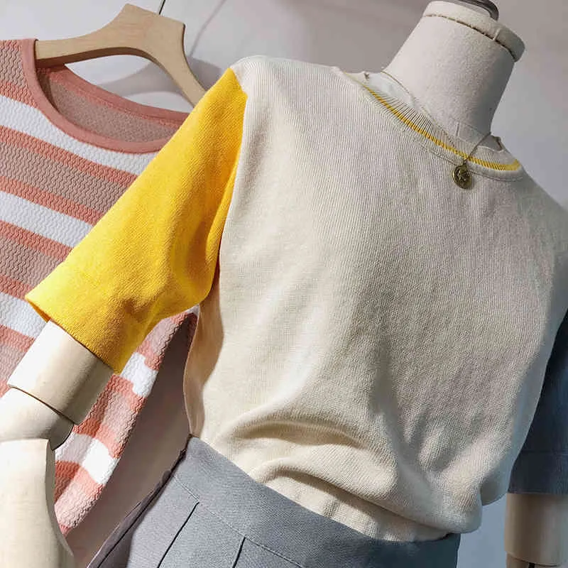 Comfortable Contrast Color O-neck Woman Tshirts All Match Short Sleeve T Shirt Korean Fashion Summer Women Tops 210514