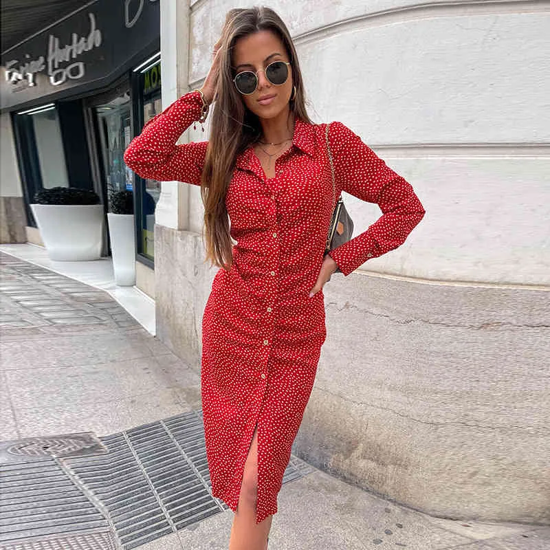 Summer Elegant cardigan bag hip red dress temperament Autumn printing mid-length dress long seleev dress 210514