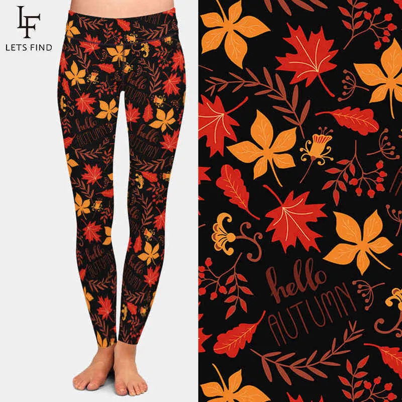 LETSFIND Fashion Women Fitness High Waist Leggings Workout Casual Pants Trousers 3D Maple Leaf Digital Printing Plus Size 211215