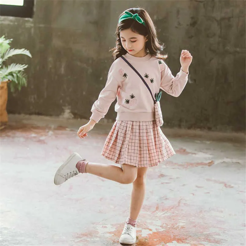Осень дети для девочек одежда набор вина ананасовый свитер + пледное платье платье 2 шт. Длинные рукава одежды наборы X0902