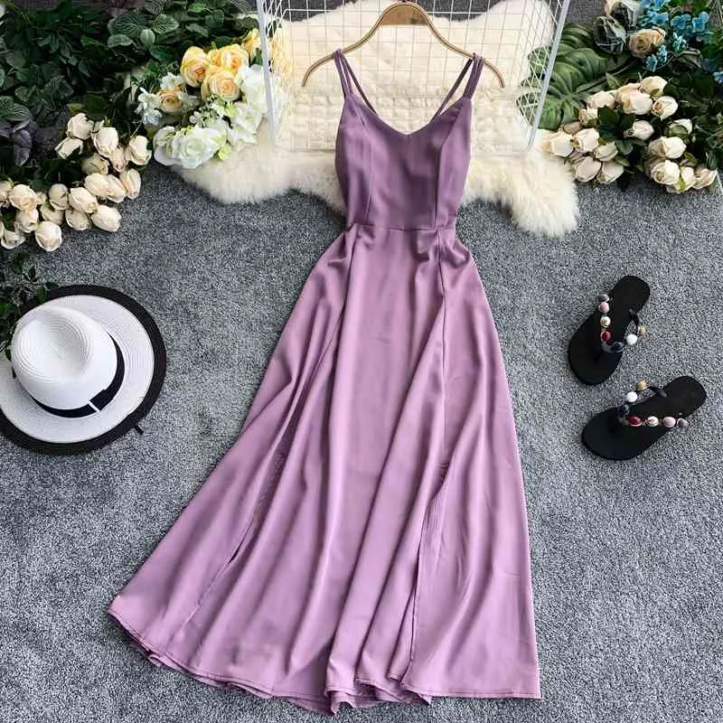 Damska Długa Długa Sukienka Cross Sling Backless Solid Color Sukienka Styl Beach Seksowna Split Swing Dress Kobiety Purple Dreess GD356 x0521