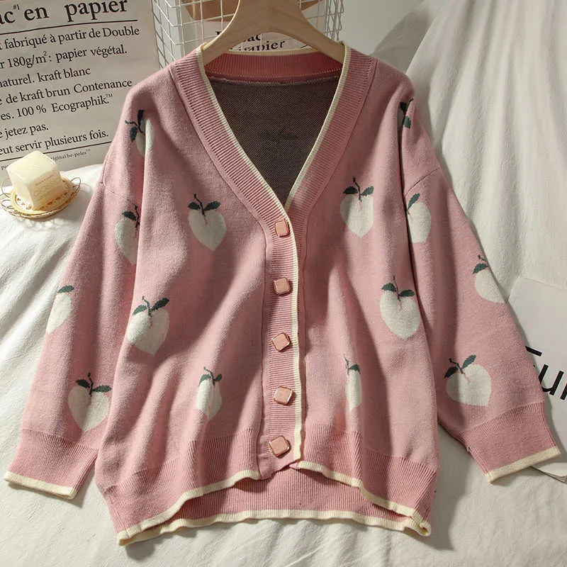 NELLOE свитер кардиган милые розовые свитера женские персики кардиганы вязаные негабаритные вершины корейский осень с длинным рукавом pull femme 211018