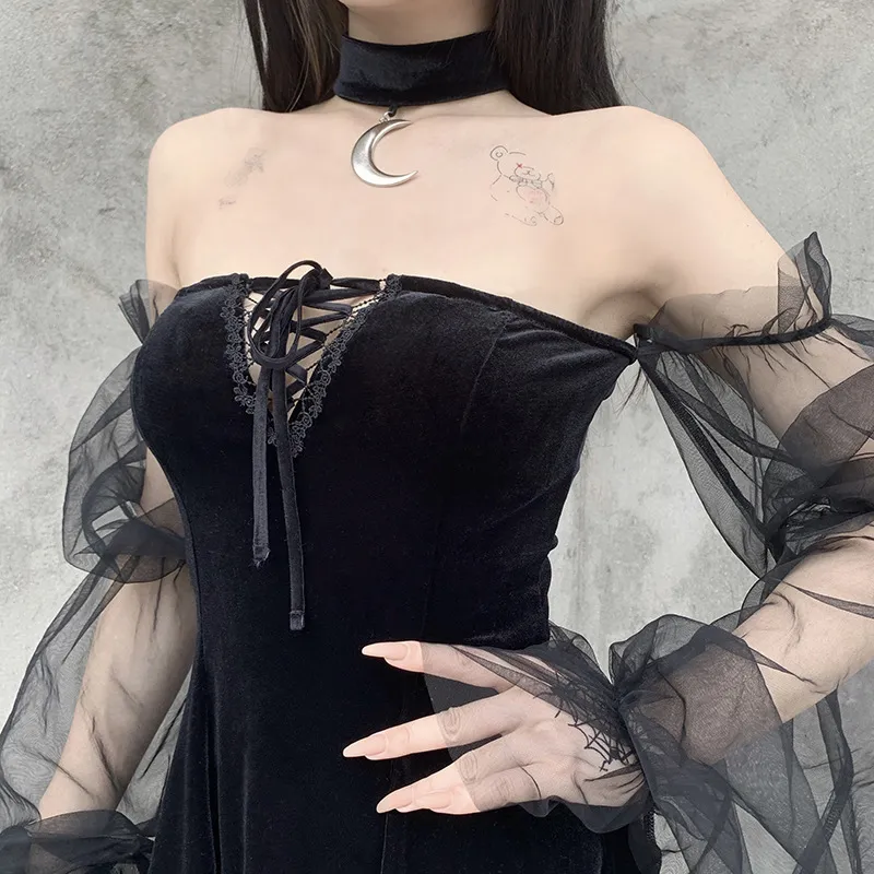 Kimutomo femmes gothique Sexy robe Vintage hors épaule Lanter manches maille Patchwork velours rue sombre noir Mini robe 210521