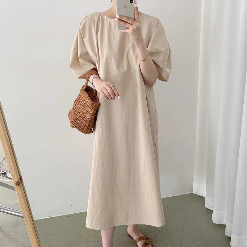 Zielone Długie Sukienki Dla Kobiet Luźne Dorywczo Rękaw Puff Rocznika Oversized Letni Koreański Bawełniany Midi T Shirt Dress 210529