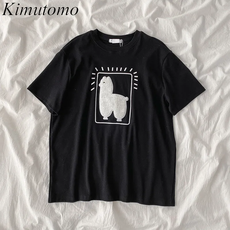 Kimutomo Mignon Dessin Animé Alpaga À Manches Courtes T-shirt D'été Style Coréen Femmes O-cou All-matching Long Tops Outwear Lâche 210521