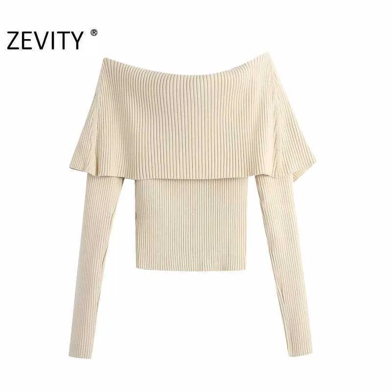 Zevity Women Sexy Slash Neck Solid Color Slim Knitting Sweater Femme Chic Basic Long Sleeve Casual Pullovers Brand Tops S477 210914