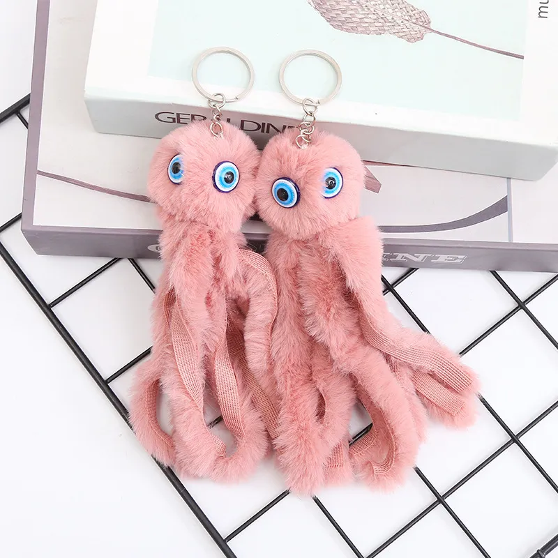 Kimter Cute Animal Fluffy Key Rings Pompom Octopus Plush Doll Keychain Women Bag Pendant for Kids Toys Fashion Accessories Gift