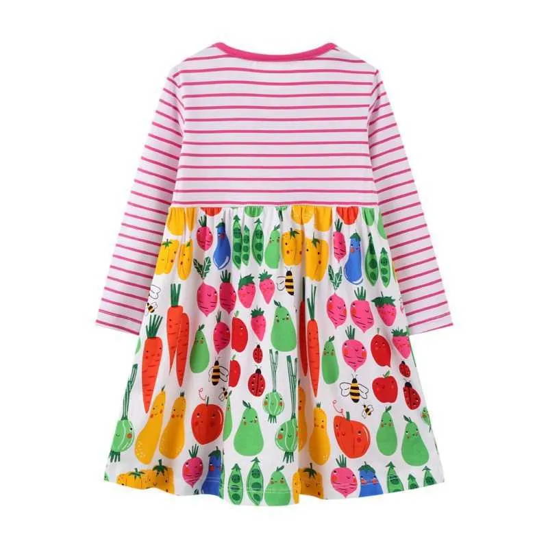 Vestidos de princesa para niñas con estampado de verduras, ropa de algodón para niños de otoño y primavera, vestidos a rayas con bolsillo, disfraz para niños G1026