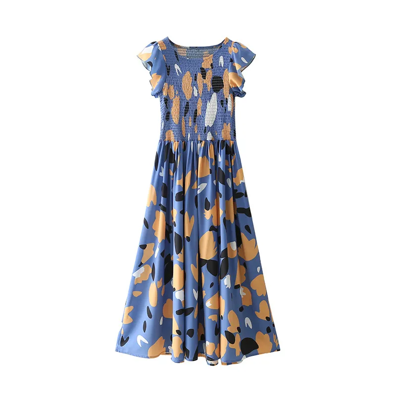 Vrouw jurken blauw print geplooide ruche midi vrouwen vintage korte mouw strand casual elastische taille vestidos 210430