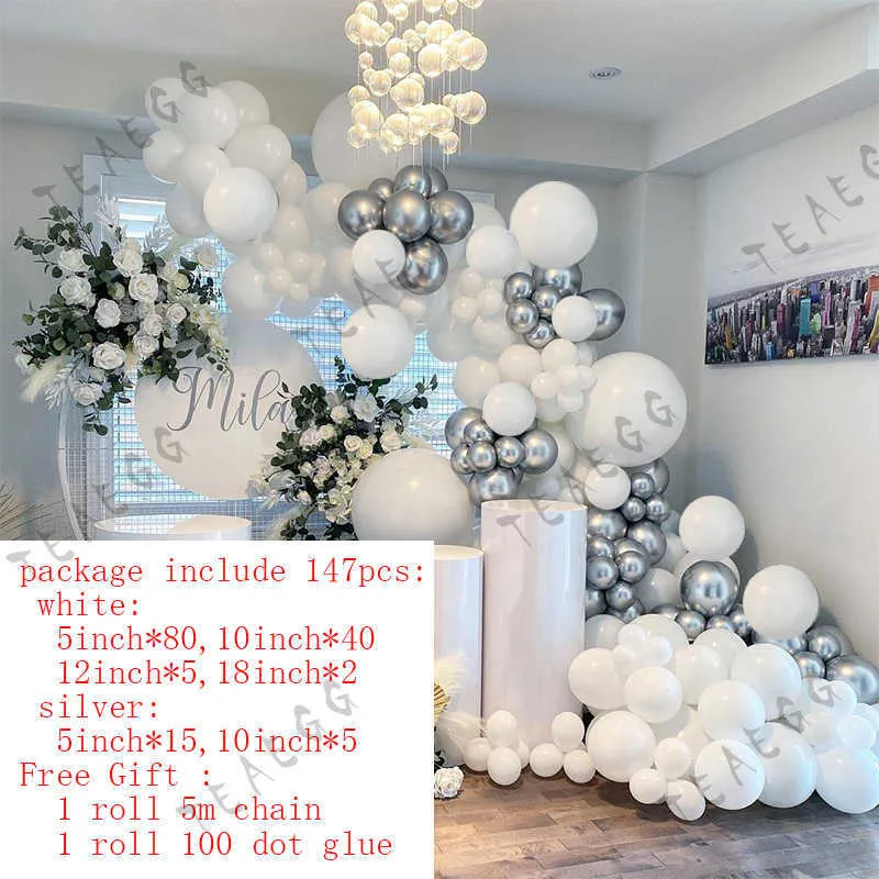 147 pezzi kit arco ghirlanda palloncino argento metallizzato cromato bianco compleanno decorazione festa nuziale palloncini sposa baby shower X072238O