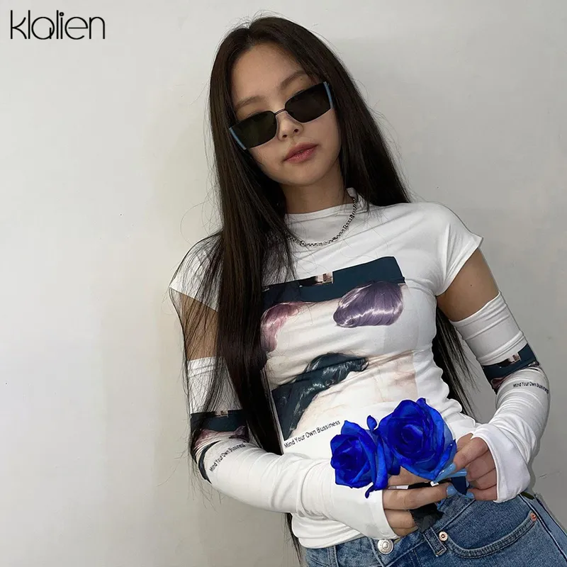 KLALIEN femmes décontracté blanc imprimé mince maigre Stretch manches amovibles col rond femme t-shirt printemps haut d'été 220304