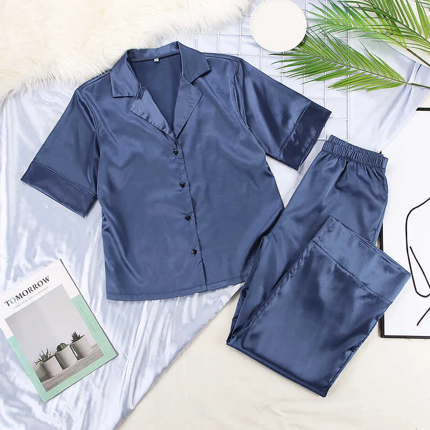 Hiloc Solid Drop Sleeves Pajama Turn-down Collar Set Kvinnor Pyjamas med byxor Vår Djup V-Neck Sleepwear Satin 210809