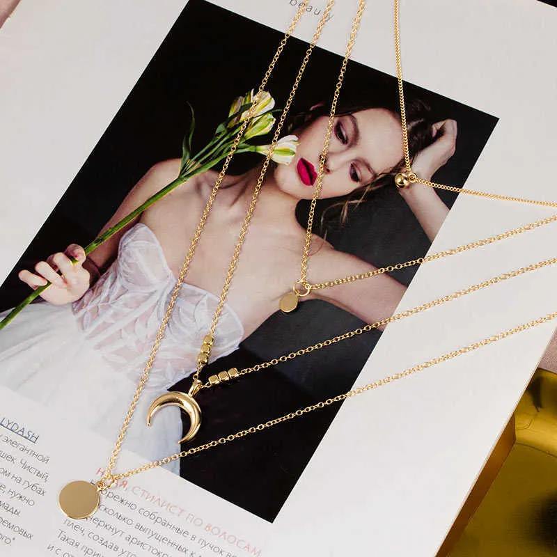 2021 collana a catena Collier ciondolo in oro con disco in metallo in lega di luna multistrato donna collare gioielli femminile di nuova tendenza
