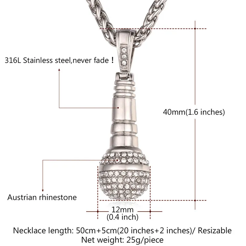U7 Ice Out Chain Necklace Microphone Pendant MenWomen Stainless Steel Gold Color Rhinestone Friend Jewelry Hip Hop P1018 2105078694