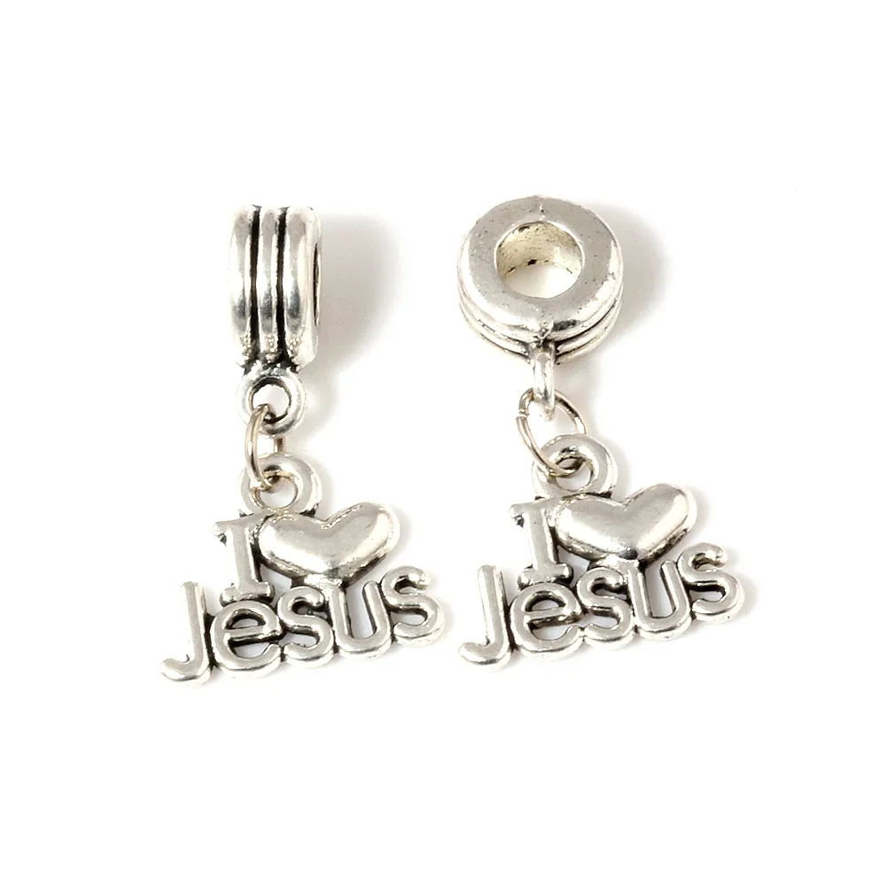 MIC Dangle Ancient silver I Love Jesus Religious Charm Big Hole Beads Fit European Charm Bracelet Jewelry 2249b