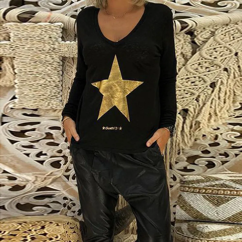 Femmes T-shirt Plus Taille Automne Mode Cinq Points Star Imprimer Manches Longues Col V Casual Lâche Vente Printemps Vêtements 210522