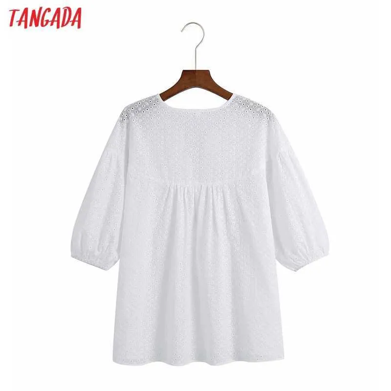 Tangada Frauen Übergroße Stickerei Romantische Baumwolle Bluse Shirt Kurzarm Chic Weibliche Hemd Tops 6Z99 210609