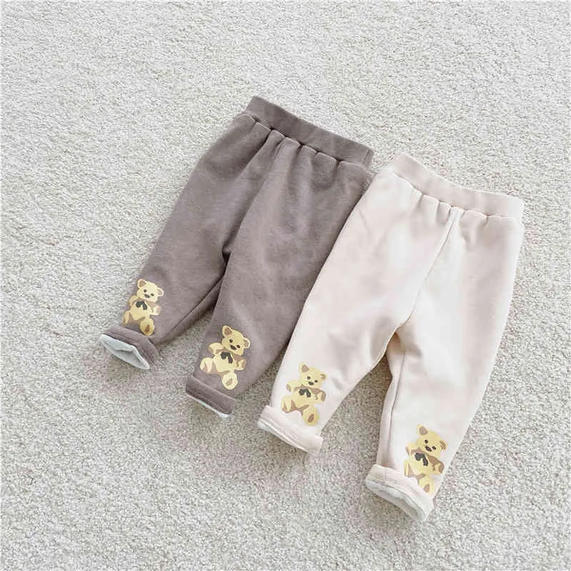 Infant winter double plus thick velvet leggings cute baby bear warm and comfortable big PP pants for kids 210515