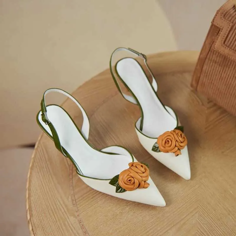 ALLBITEFO Blumendesign Schaffell Einlegesohle aus echtem Leder Damen Sandalen Mode Exponieren Sie die Ferse Damen Heels High Heel Schuhe 210611