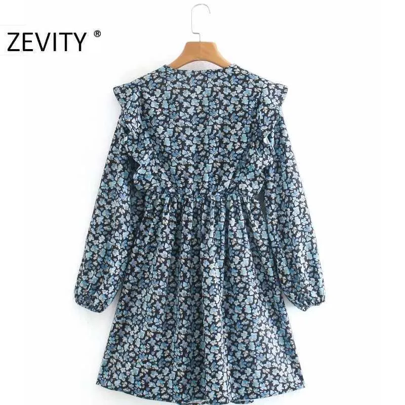 Zevity Women Fasion Vネックフラワープリントプレスプリーツミニドレスオフィスレディース長袖カジュアルスリムフリルvestido DS4603 210603