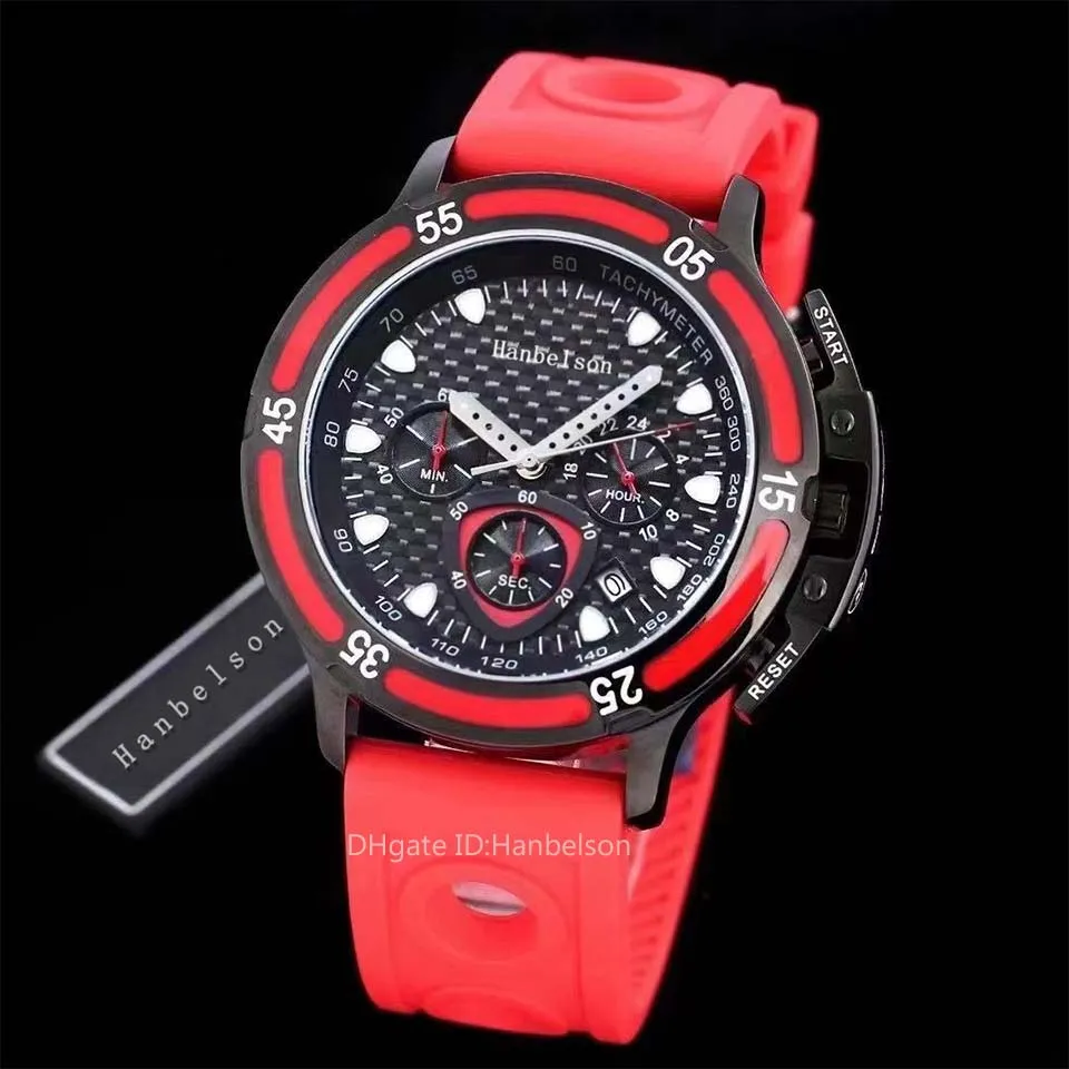 Mens Sport Watches Chronograph armbandsur Japan Quartz Movement Steel Case Red Rubber Strap Reloj de Lujo Hanbelson303i