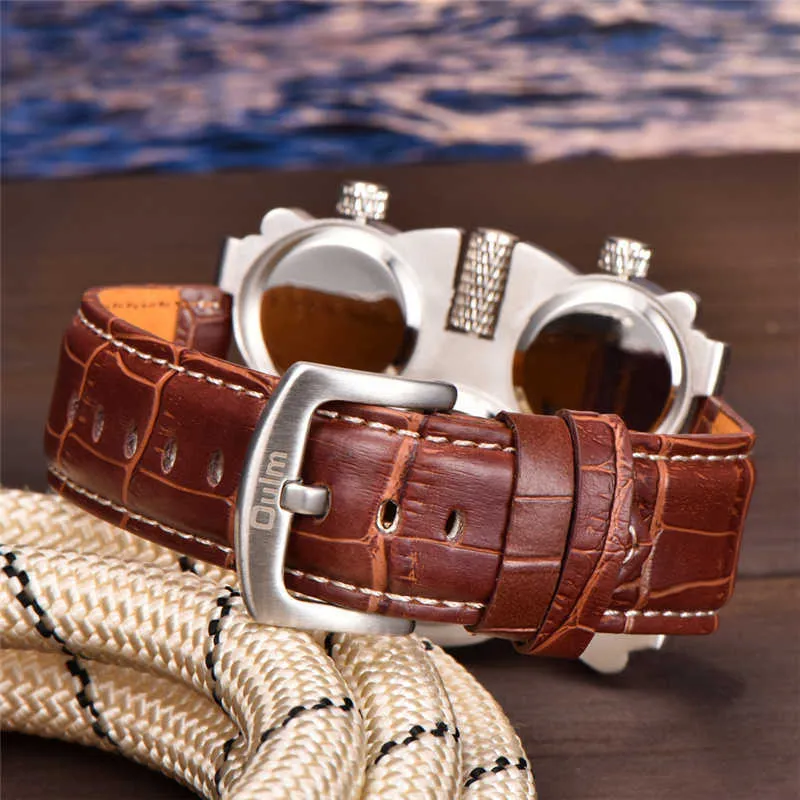 Oulm heren quartz horloges 3-tijdzone klok outdoor reizen casual polshorloge luxe merk mannelijke lederen horloge G1022