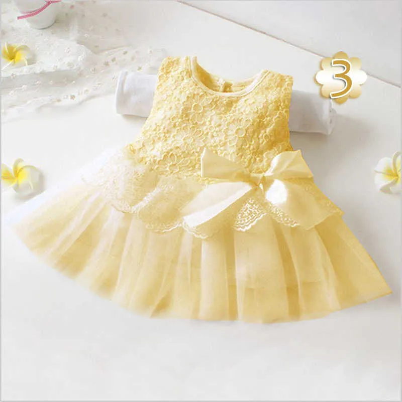 小売夏の赤ちゃんガールズドレスひまわりのレースの弓刺繍ノースリーブのさささびパーティードレス幼児の服E2201 210610