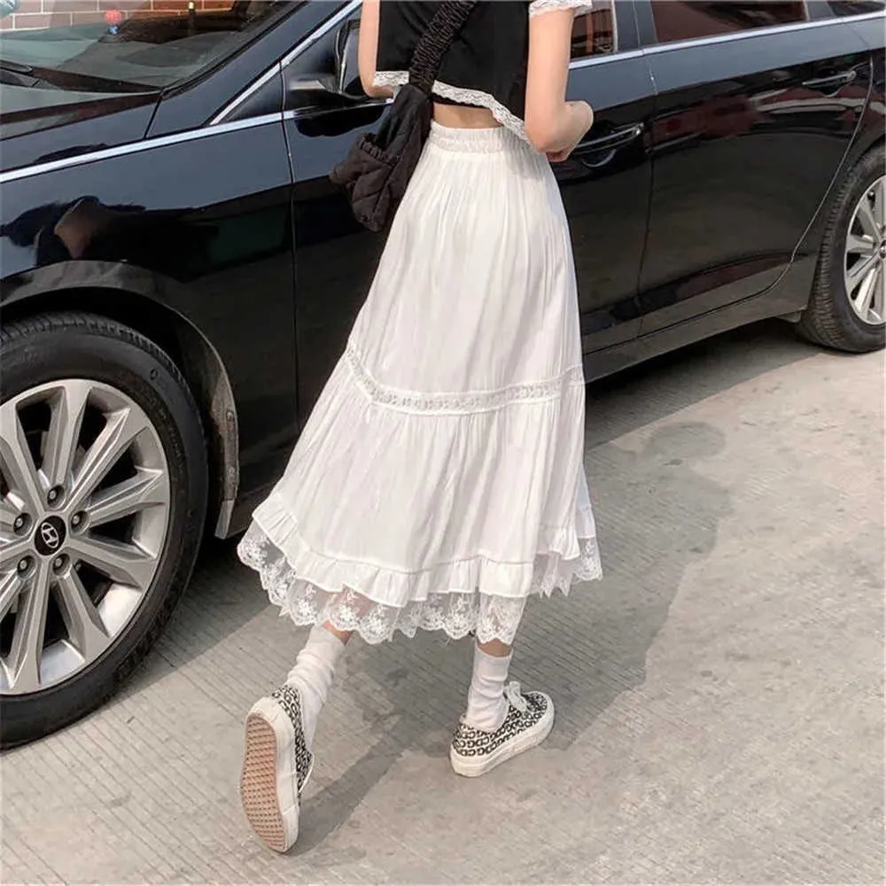 Hoge taille kanten stiksel ruche tule geplooide rok zomer vintage witte dunne lange rok vrouwen Koreaans zwart streetwear 210619