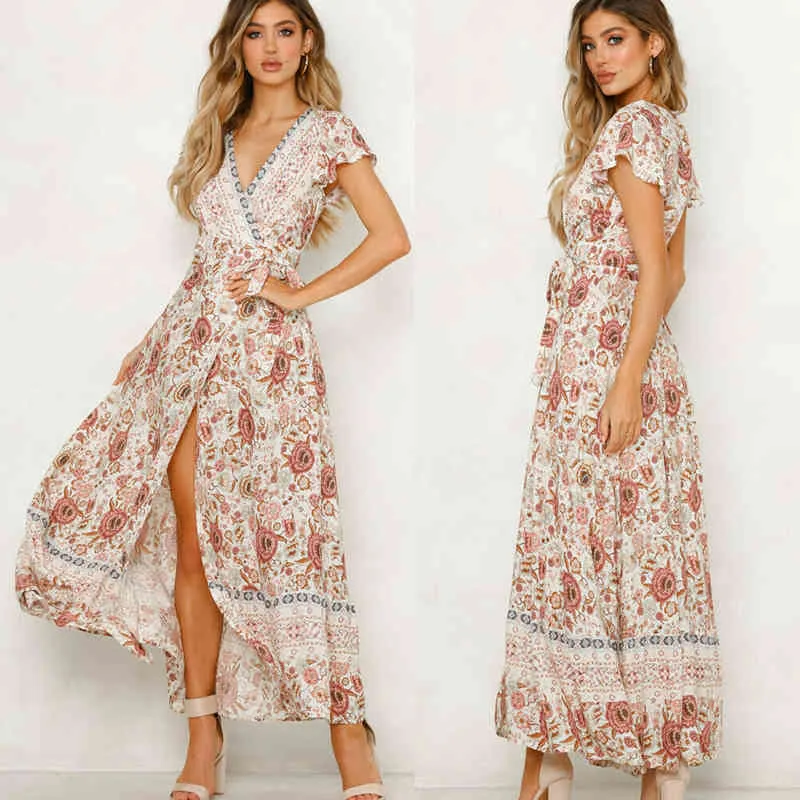 Kayotuas vestido de mujer sexy vacaciones largo boho dama estampado floral con cuello en v maxi verano ropa de playa mariposa manga corta sundress 210522