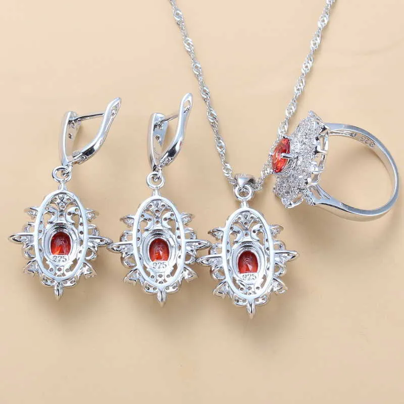 Eleganta kvinnor Bröllopsdräkter Smyckesset Natursten Röd granat Dinglar örhängen och halsband Ring Brudset H1022