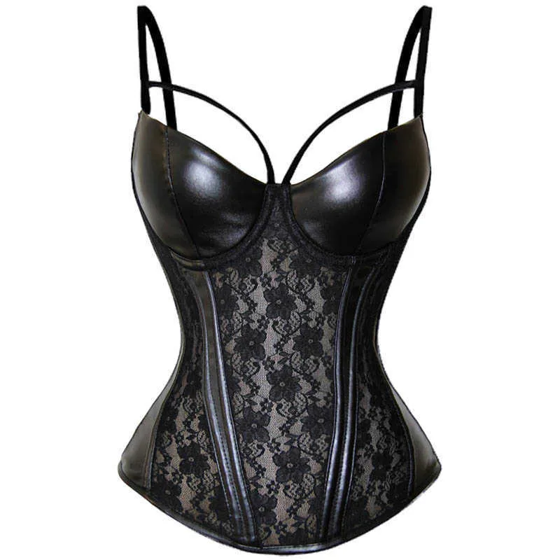 Gothic Womens Sheer Lace Vinyl Leather Overbust Corset Bustier Plus Size Black Spaghetti Strap Slim Waist Cincher Bodyshaper 3XL-W5722-1 (1)