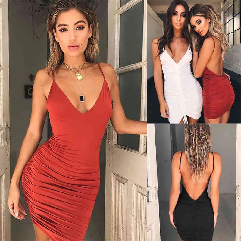 Kayotuas Femmes Robe Sexy Été Dos Nu Taille Haute Slim Bandage Moulante Soirée Courte Mini Col En V Sling Robe D'été 210522