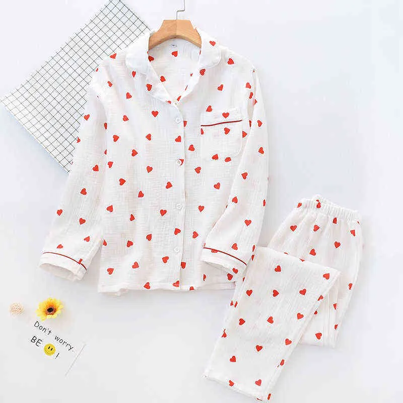 Spring Ladies Pajamas Set Heart Printed Crepe Cotton Double-layer Gauze Turn-down Collar Long-sleeve Trousers Household Wear 211112