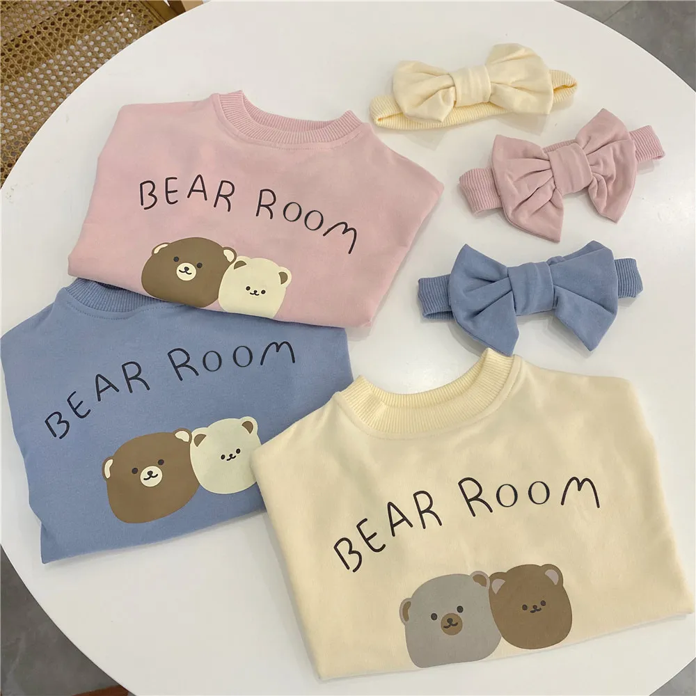 Herfst schattige baby meisjes cartoon beer losse rompertjes met strik haarband puur katoen casual coveralls 210508