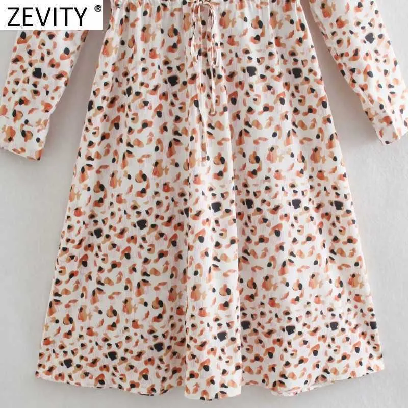 Zeefity Dames Vintage V-hals Luipaard Afdrukken Lace Up A Line Midi Shirt Jurk Vrouwelijke Chique Casual Slanke Business Vestido DS8155 210603