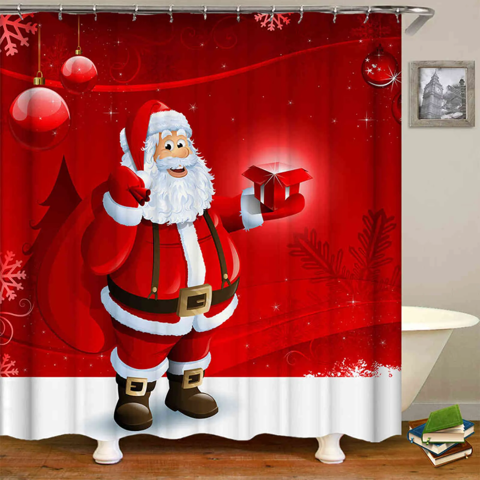 Kerstmis gedrukt douchegordijn Waterdicht Sneldrogende douchegordijn voor badkamer met haken decor geschenken Home 150x180cm 211116