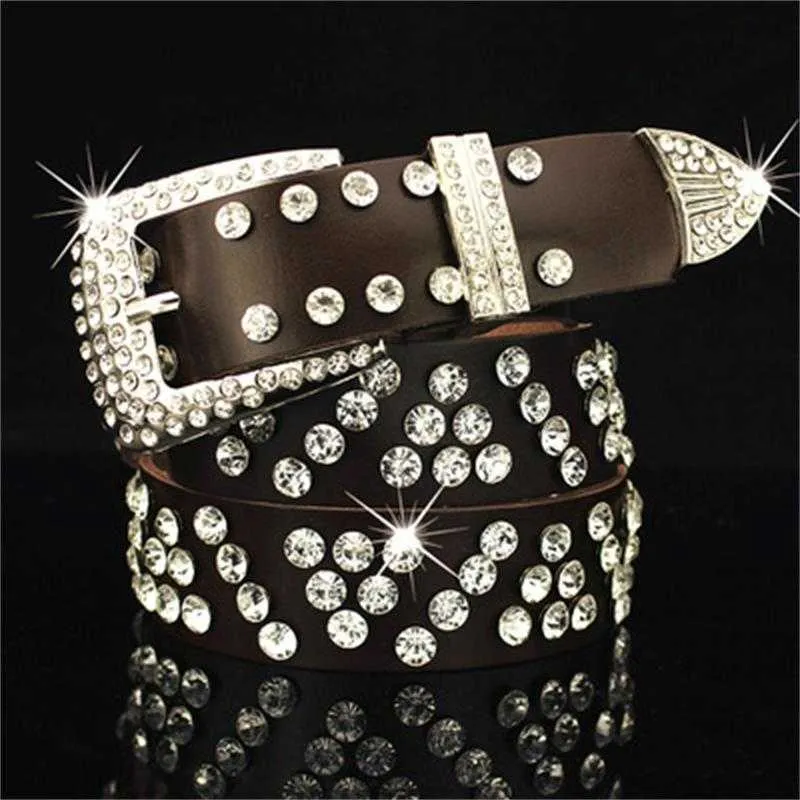 Västra cowgirl cowboy stil rhinestones bälte bling studded kristall bälten för kvinnor män mode äkta läder bälte street punk x0726