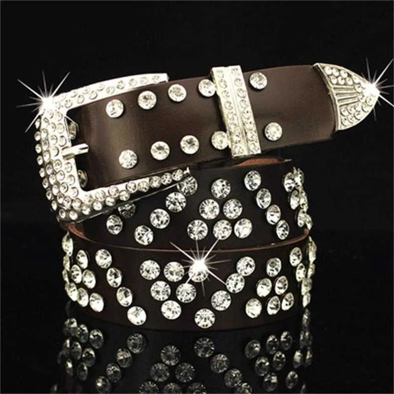 Western Cowgirl Cowboy Style Rhinestones Belt Bling Studded Crystal Belts For Women Men Fashion Genuine Leather belt Street Punk X0726