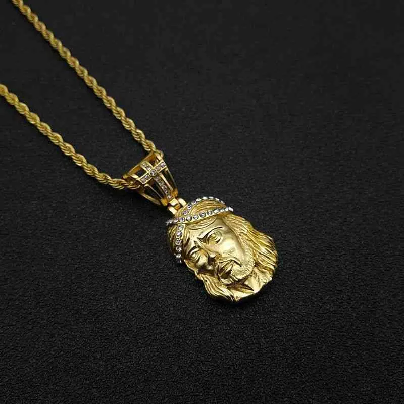 Hip Hop Jesus cabeça Piece Pingente Colar Cor Stainlees Steel Bling Strass Chain para Mulheres Homens Jóias Dropshipping