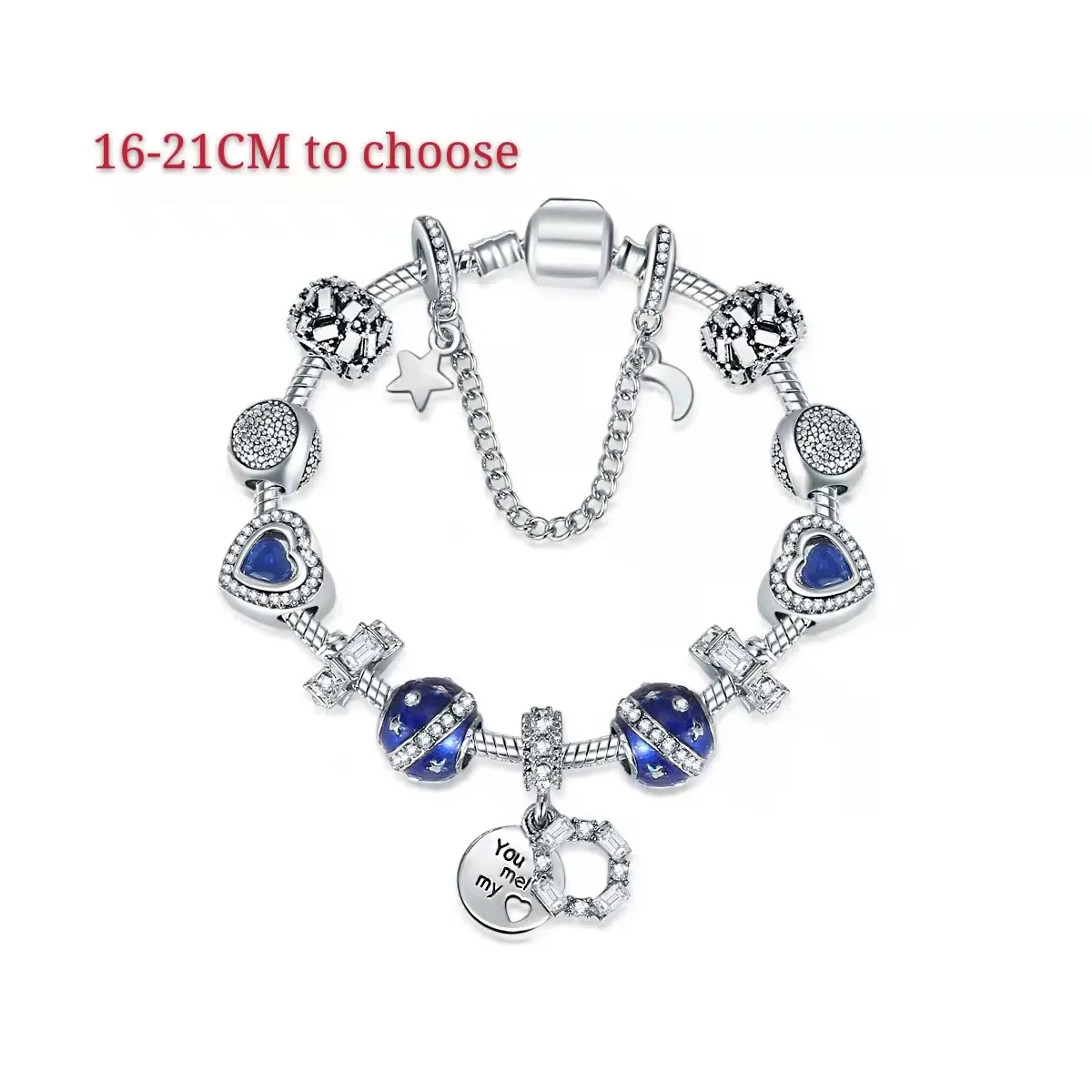16-21cm rosa och blå kristall DIY charmpärlor Valentine Gift for Girl Heart Moon Star Charms Armband Fit Bosom Friends Match SIL291K