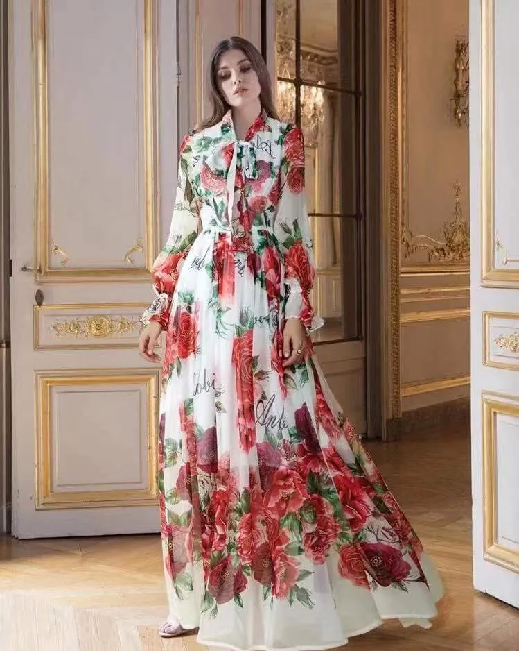 Pist tasarımcısı gül çiçek mektubu vintage lüks maxi kadınlar için elbise boho robe de mujer uzun kollu fiyonk yaka vestidos 210421