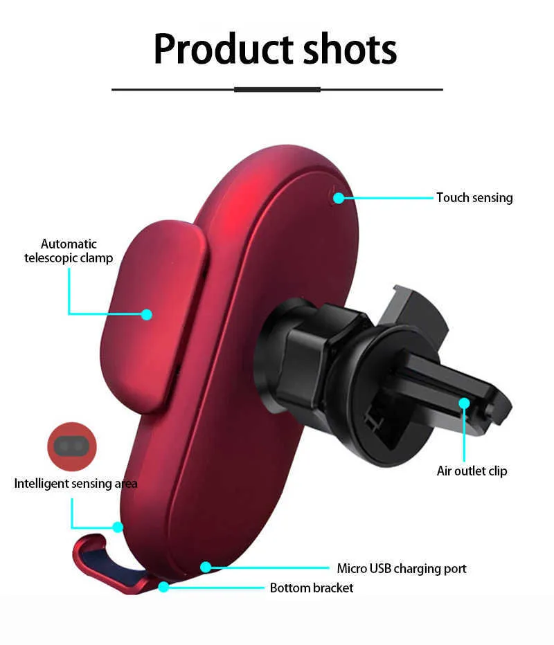 Trådlös laddare Biltelefonhållare Qi Induktion Smart Sensor Snabbladdningsställ Montering För Samsung S10 Note 10 iPhone 11 10W