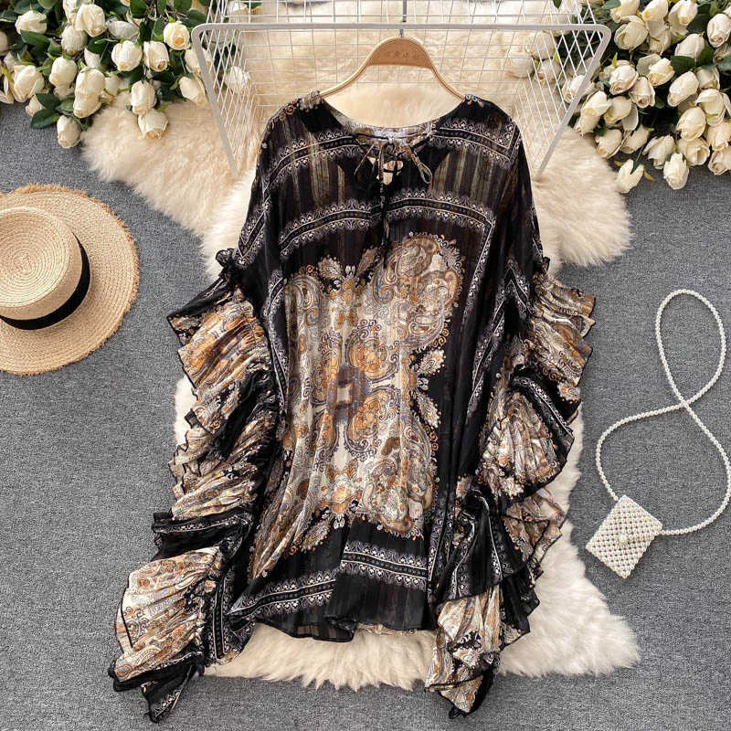 DEAT Women Loose Cloak Ruffles Dress Round Neck Short Sleeve Arrivals Lady Temperament Fashion Spring Summer 11D1546 210709
