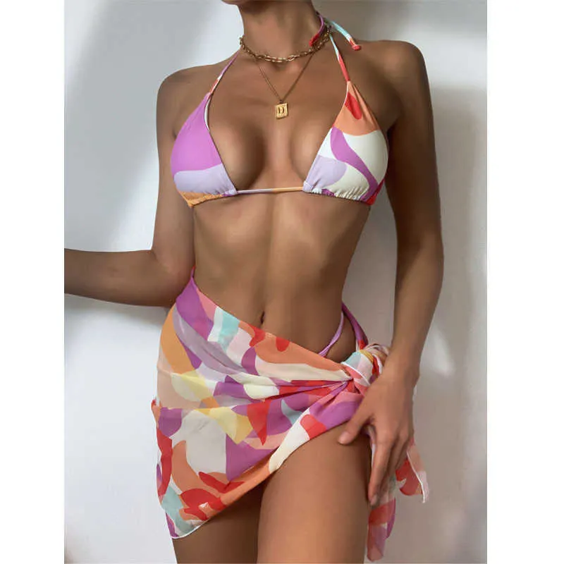 Nouveau Bikini 2021 maillots de bain femmes 3 pièces Bikini ensemble avec maillot de bain imprimé léopard brésilien Biquini licou maillot de bain Y0820