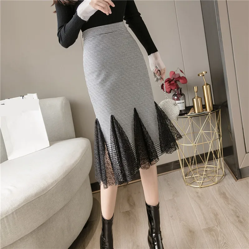 Spring Korean OL Style Wrap Skirts Chic Midi Lady Lace Patchwork Bottom Sexy Sheath Pencil Female 210428