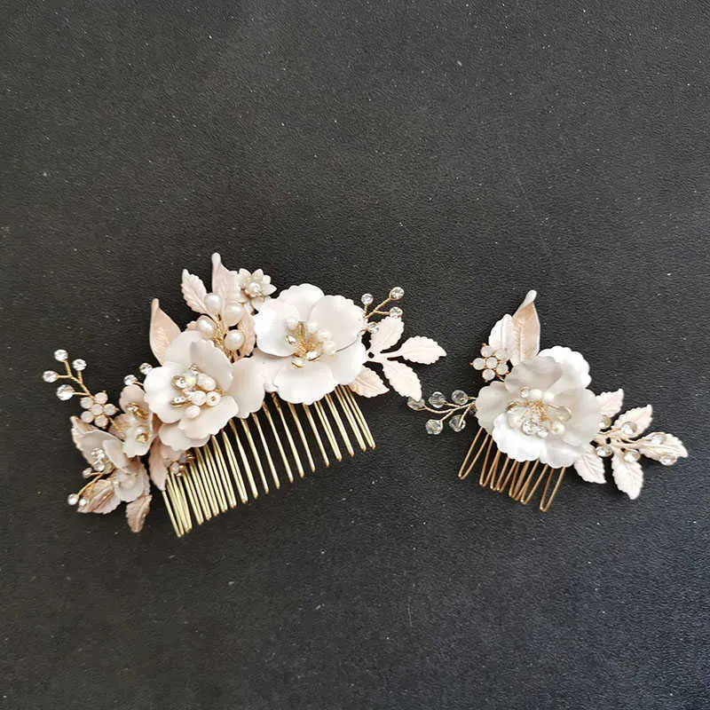SLBRIDA fait à la main Ins Style alliage fleur feuille cristal strass mariée peigne à cheveux coiffure de mariage accessoire de cheveux femmes bijoux X0625