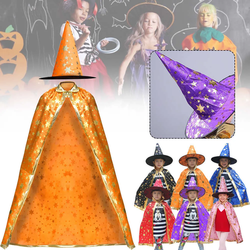 Çocuk Cadılar Bayramı Kostümleri Sihirbazı Cadı Pelerin Cape Robe ile Sivri Şapka Kız Erkek Cosplay Çocuk Doğum Günü Partisi Malzemeleri Q0910