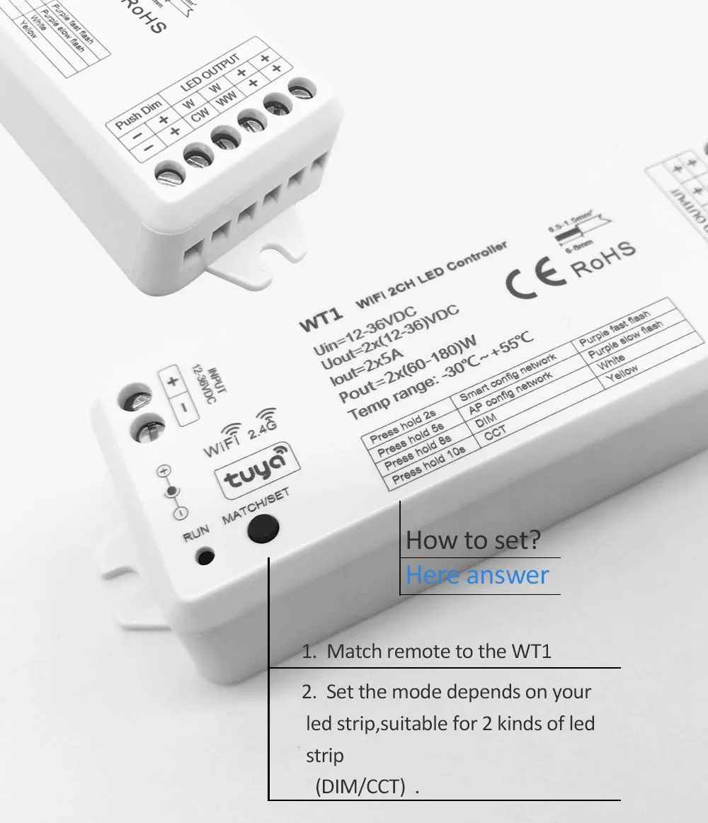 Tuya LED Dimmer 12V 24V 36V DC 2CH 10A SMART WIFI 2.4G RF sem fio Remote Push Dimming Switch WW CCT Controller WT1 DiMer