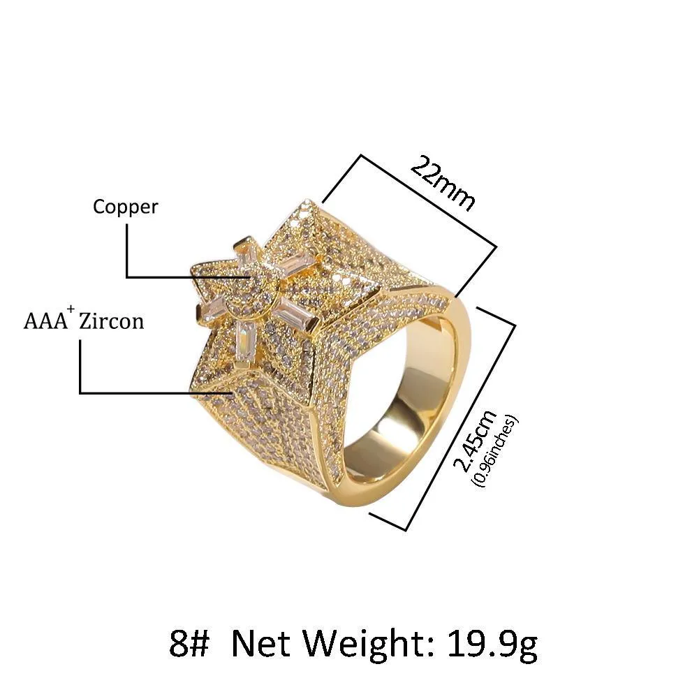 Micro Pave Iced Кубический цирконий Iced Out Star Кольца для мужчин и женщин Золотое кольцо в стиле хип-хоп Обручальное кольцо с бриллиантами Jewelry327F